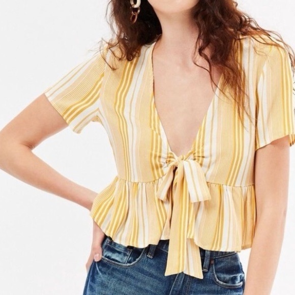LA Hearts Yellow & White Pinstripe Crop Top - Picture 1 of 5